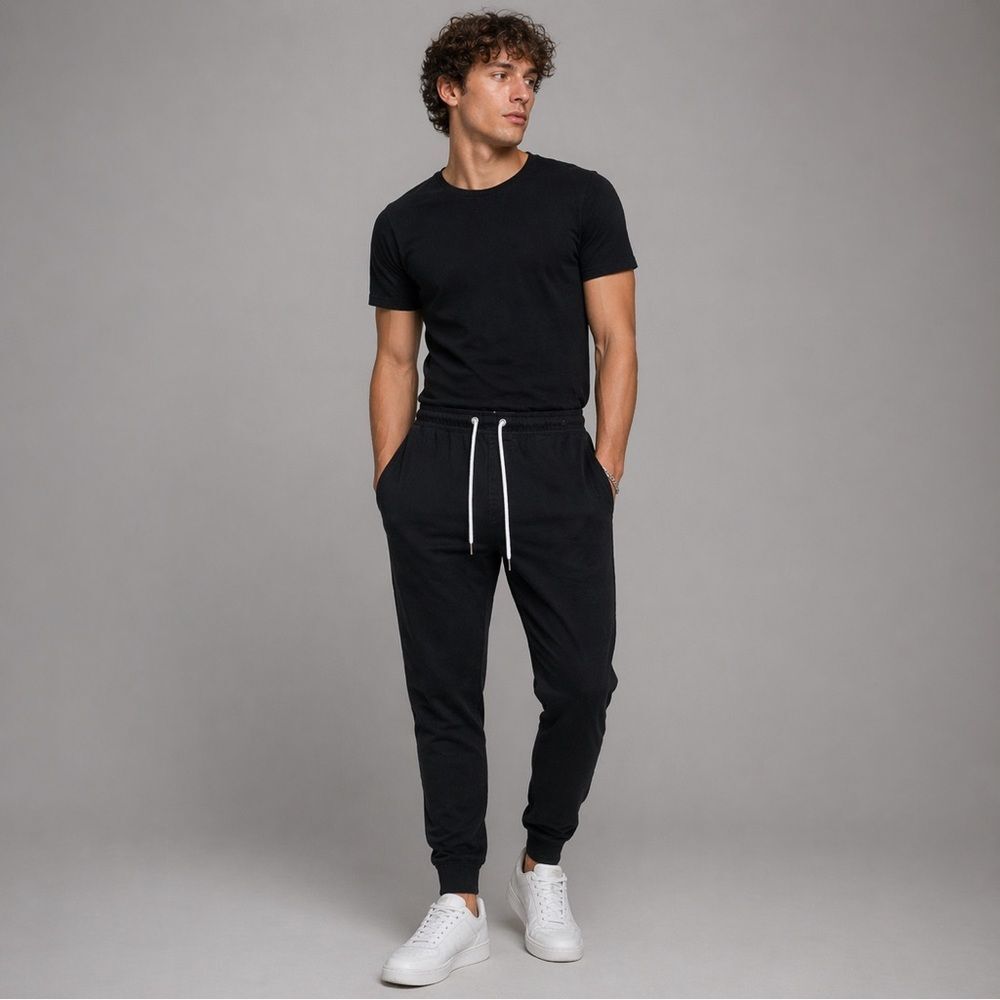 Forever 21 Men's Solid Black Jeggings Jogger Pants with Drawstring Cotton L